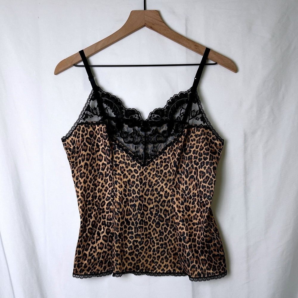 Vassarette Women Leopard Cheetah Print Lace Trim Camisole Top Size L Brown Black